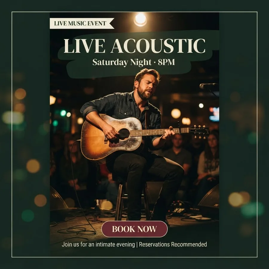 Social service card promoting a live acoustic guitarist, with a Book Now button
