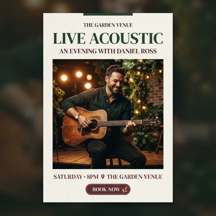 Venue flyer promoting the same live acoustic guitarist, with a Book Now button